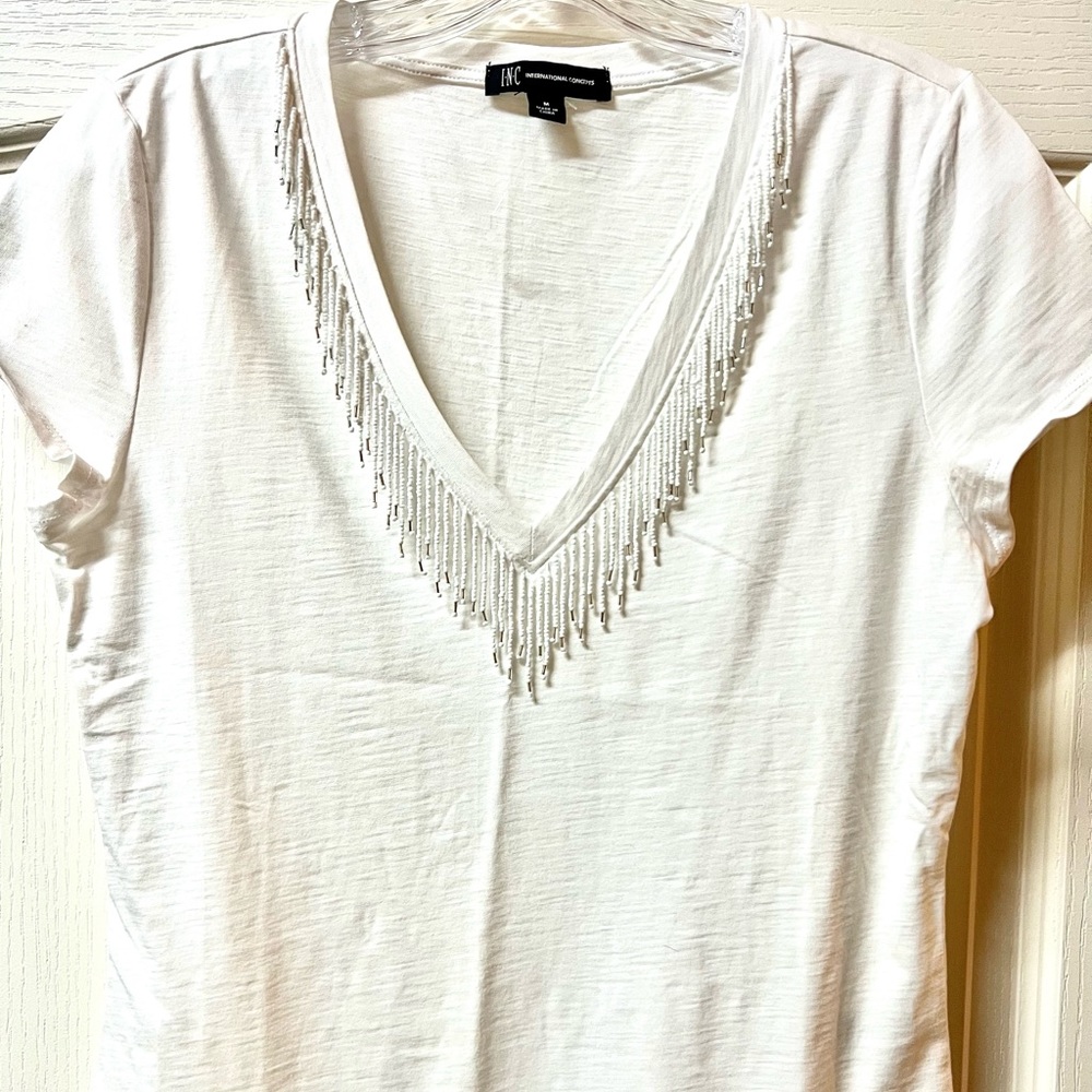 INC Beaded Fringe White Top, Medium